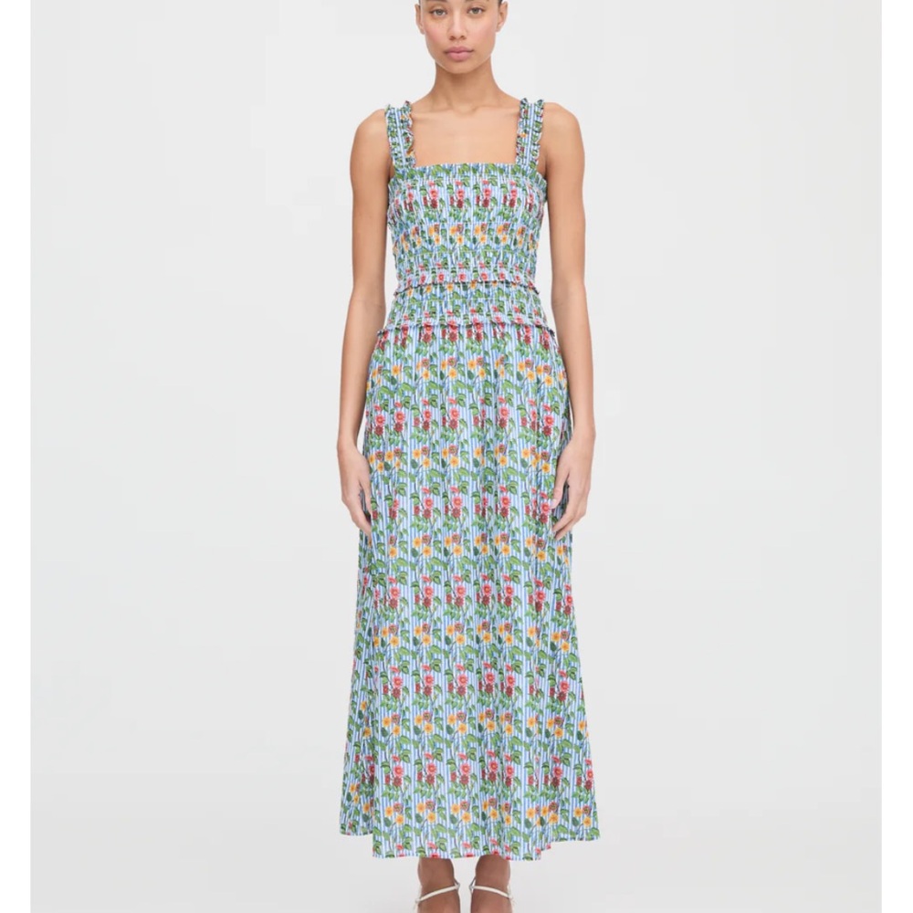 NWT Hill House Floral Smocked Maxi Dress in Light Blue with Pink & Yellow Accent